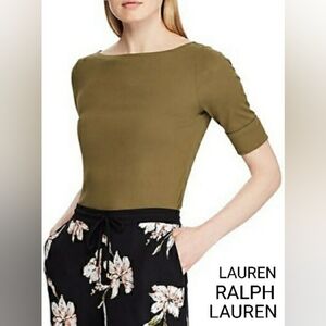 Lauren Ralph Lauren Stretch Cotton Boatneck Tee Olive Green Shirt